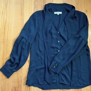 LOFT Jewel Green Long Sleeve Button Down with Puff Sleeves + Tie Neck Sz Medium